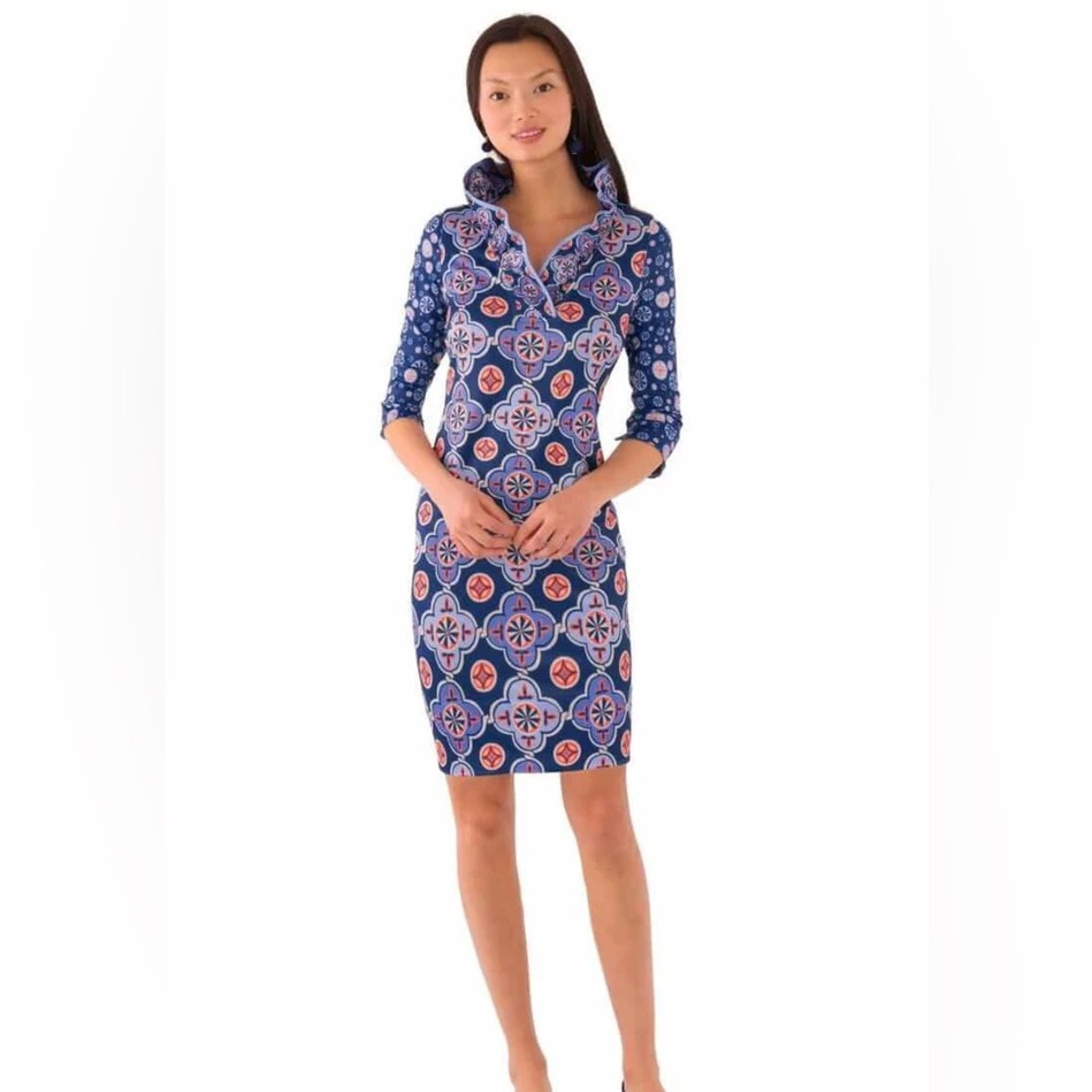 Gretchen Scott Designs Blue and White Long Sleeve Dress
